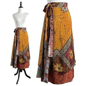 Vintage 90s Silk True Wrap Midi Skirt Size Large Bohemian Hippie 70s India Gypsy